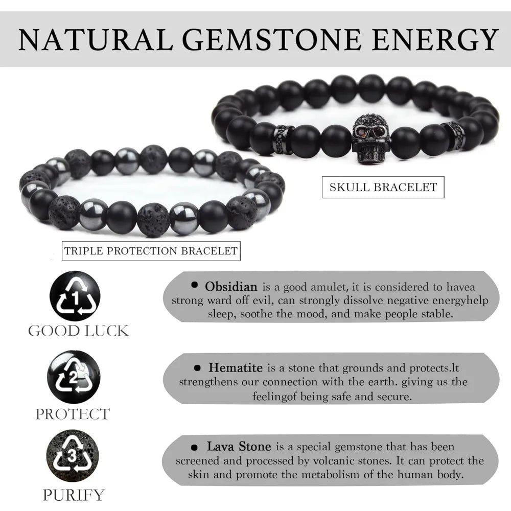 Black Obsidian Bracelet - Skull Bracelet - Tourmaline Beaded Bracelets - 8MM Black Onyx Hematite Lava Stone Beads Triple