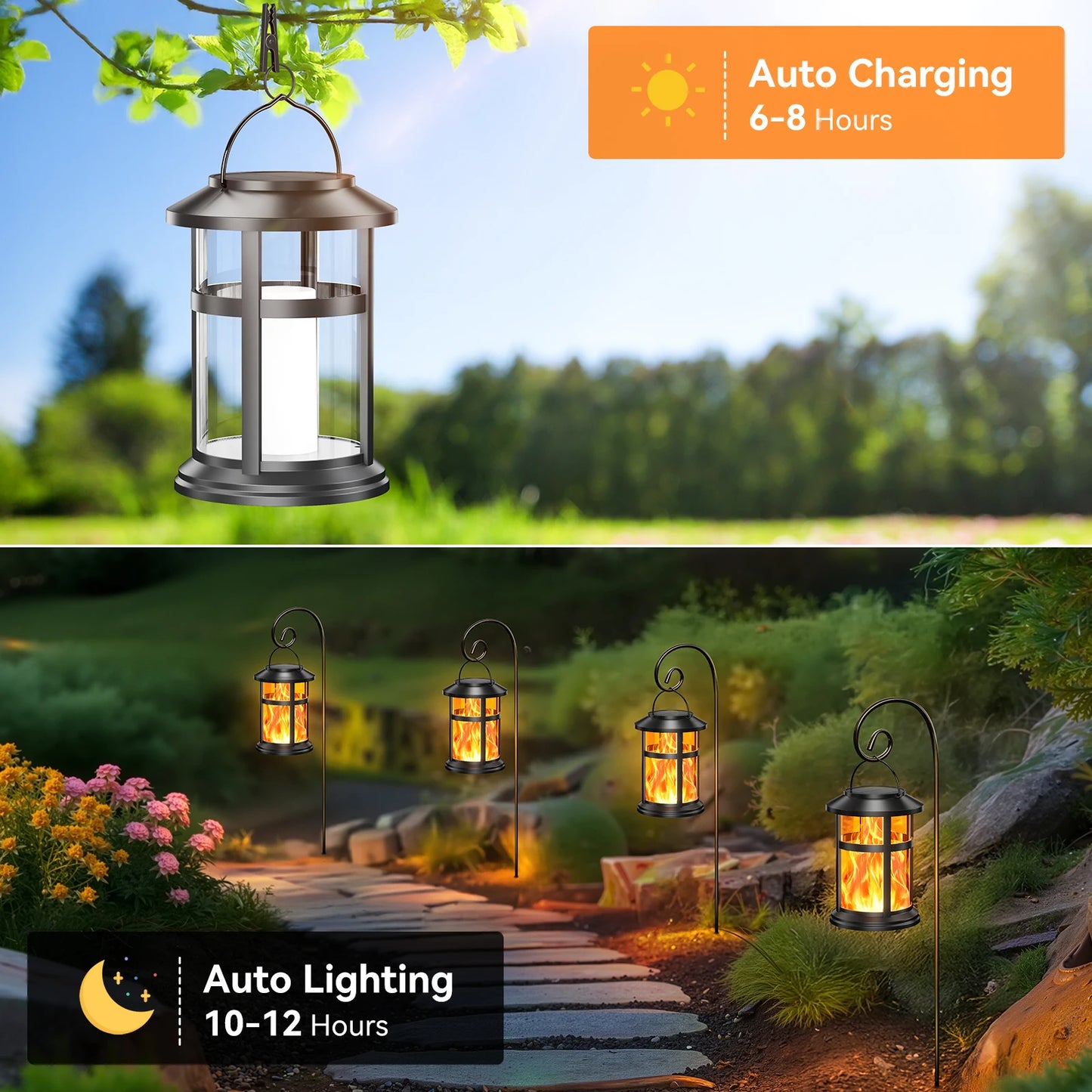 2 Pack Solar Flame LED Lights, 2 Modes, Outdoor Lanterns for Yard, Garden, Camping Decor and Gifts