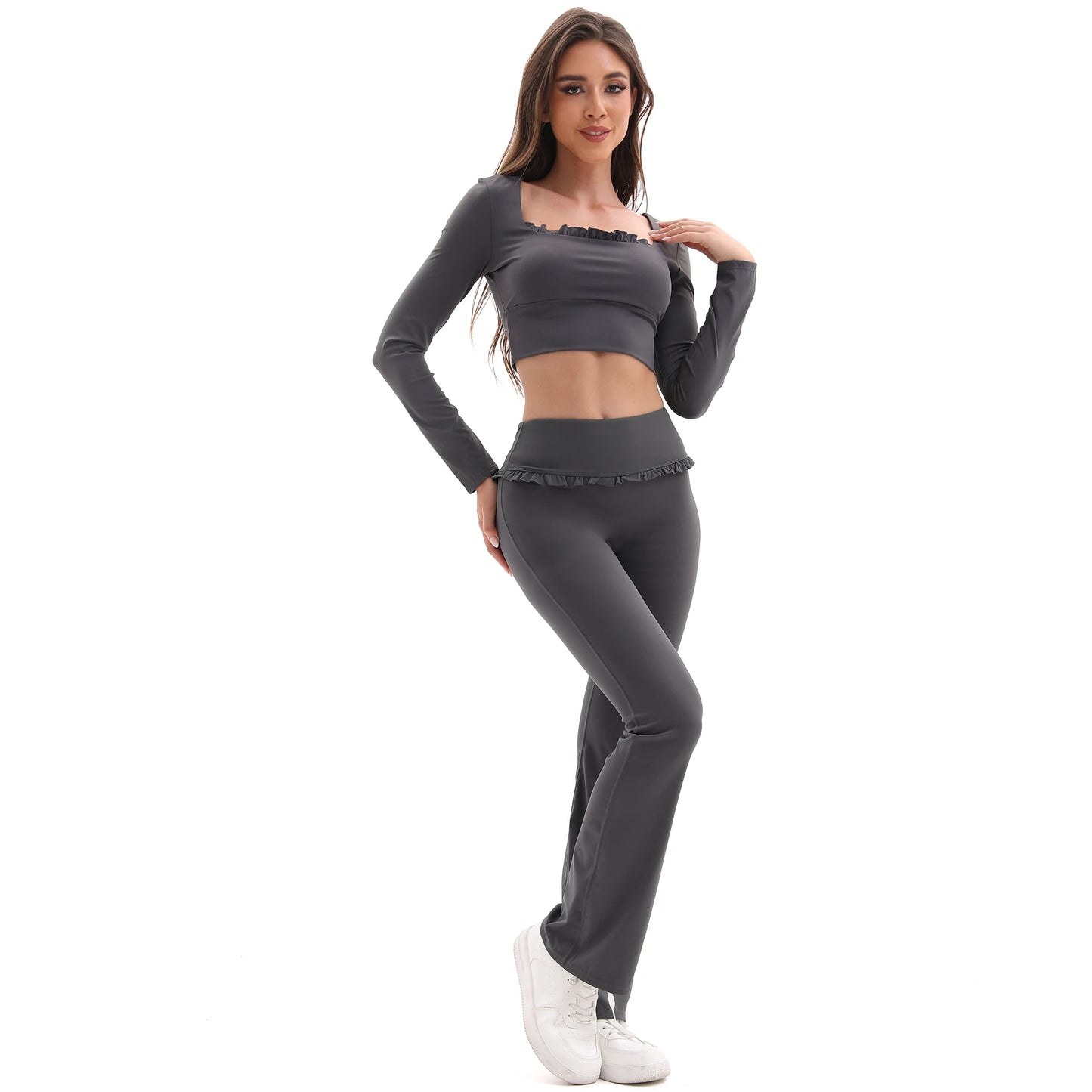 New Arrival Women's Floral Lace Set High Waist Flare Pants U-Neck Top 4-Way Stretch Yoga Outfit for Fitness Commuting All-Day