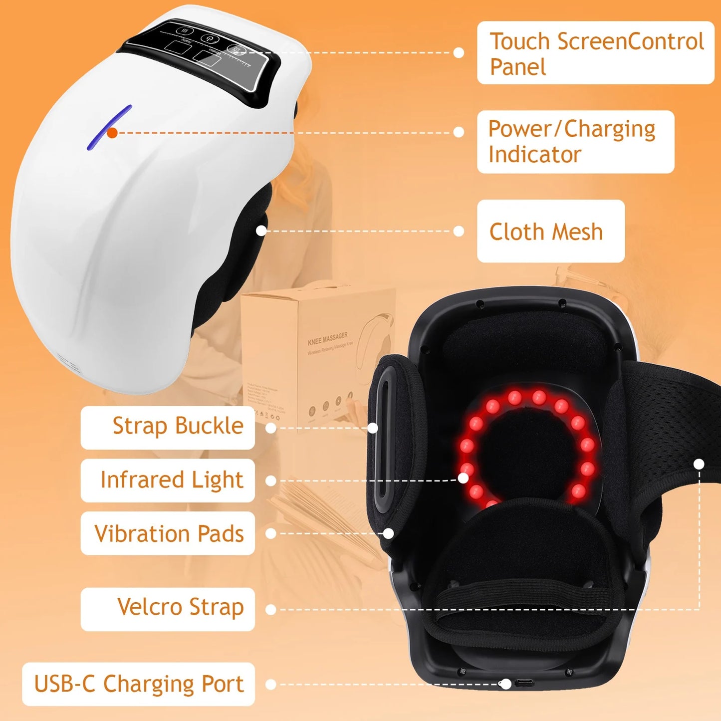 Electric Knee Massager Adjustable Temperature Vibration Cordless Knee Massager with LED Screen White Vibration Knee Massager