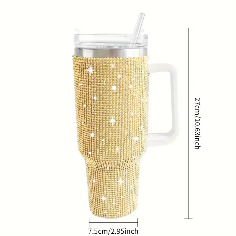 Sparkling Studded Tumbler With Lid, 40oz Stainless Steel Insulated Water Bottle With Handle, Portable Drinking Cups, For Car