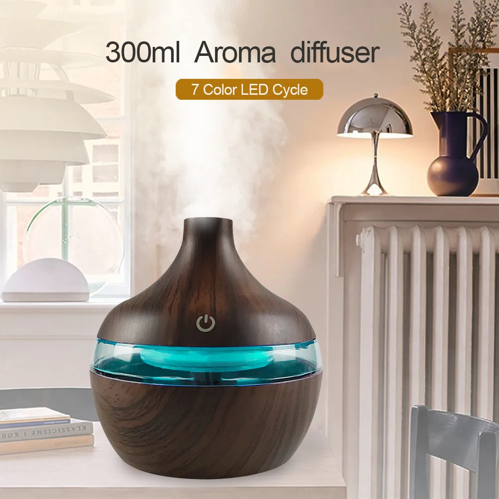 Diffuser For Home Wood Grain USB Humidifier 300ml Aroma Diffuser for Home - Quiet Desktop Hydrating Machine with 2 Essential Oil
