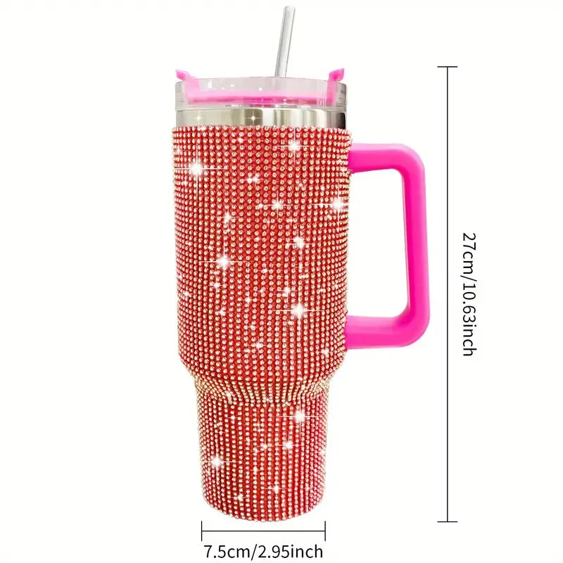 Sparkling Studded Tumbler With Lid, 40oz Stainless Steel Insulated Water Bottle With Handle, Portable Drinking Cups, For Car