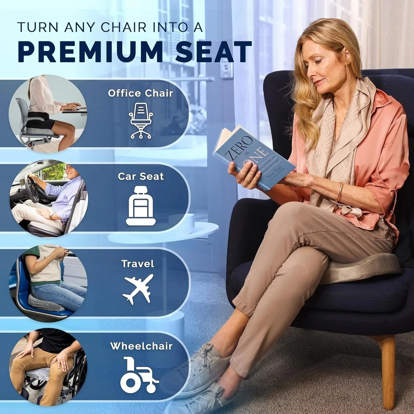 Gel reinforced seat cushion -- antiskid gel and memory foam pad, to treat tailbone pain -- sciatica and back pain relief (gray)