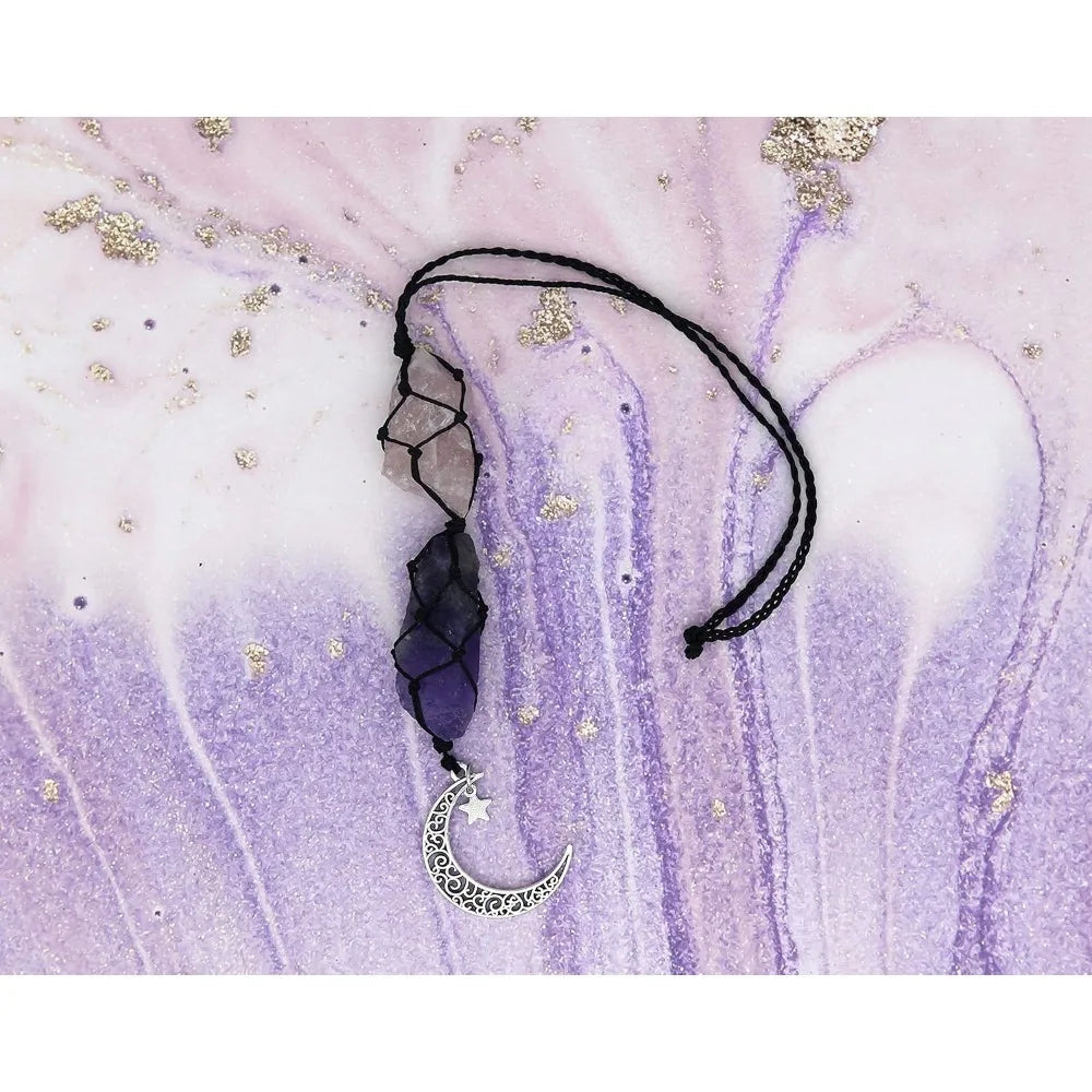 BOHO GARDEN Hanging Car Charm - Rose Quartz, Amethyst - Dangling Moon, Healing Crystal Accessories