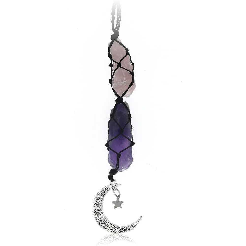 BOHO GARDEN Hanging Car Charm - Rose Quartz, Amethyst - Dangling Moon, Healing Crystal Accessories