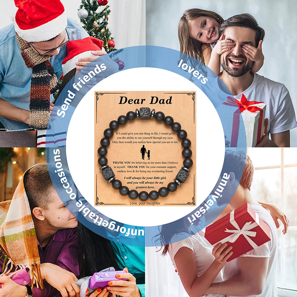 Fathers Day Gifts for Dad Mens Beaded Bracelet with Love Card Lava Rock Bracelet Birthday Fathers Day Christmas Gifts for Men