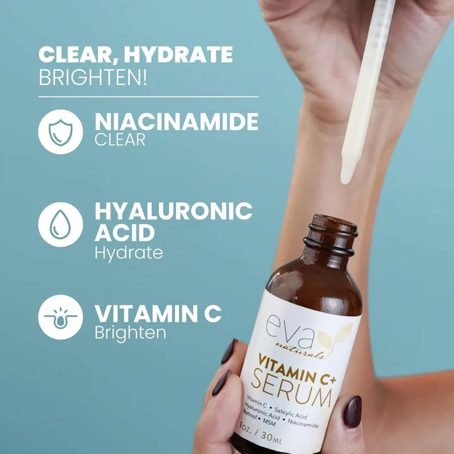 Eva Naturals Vitamin C Face Serum With Hyaluronic Acid Anti Aging Serum Reduce Dark Spots Acne Wrinkles Retil Niacinamide Salic
