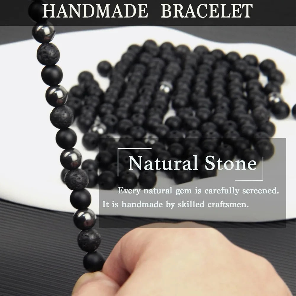 Black Obsidian Bracelet - Skull Bracelet - Tourmaline Beaded Bracelets - 8MM Black Onyx Hematite Lava Stone Beads Triple
