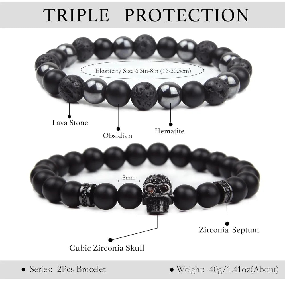 Black Obsidian Bracelet - Skull Bracelet - Tourmaline Beaded Bracelets - 8MM Black Onyx Hematite Lava Stone Beads Triple