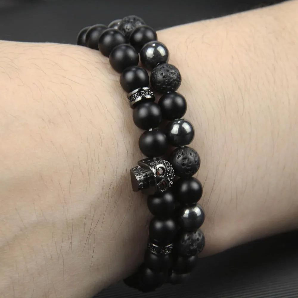 Black Obsidian Bracelet - Skull Bracelet - Tourmaline Beaded Bracelets - 8MM Black Onyx Hematite Lava Stone Beads Triple