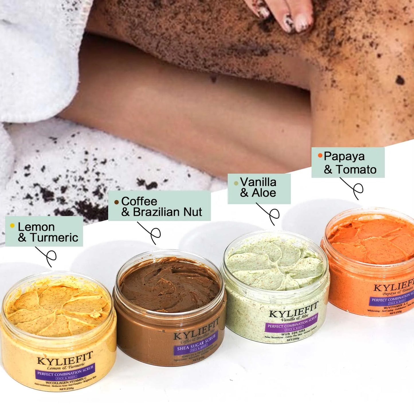 KYLIEFIT Natural Exfoliating Salt Body and Face Scrub, Helps with Moisturizing Skin, Dark Spots, Cellulite, Dead Skin, Wrinkles