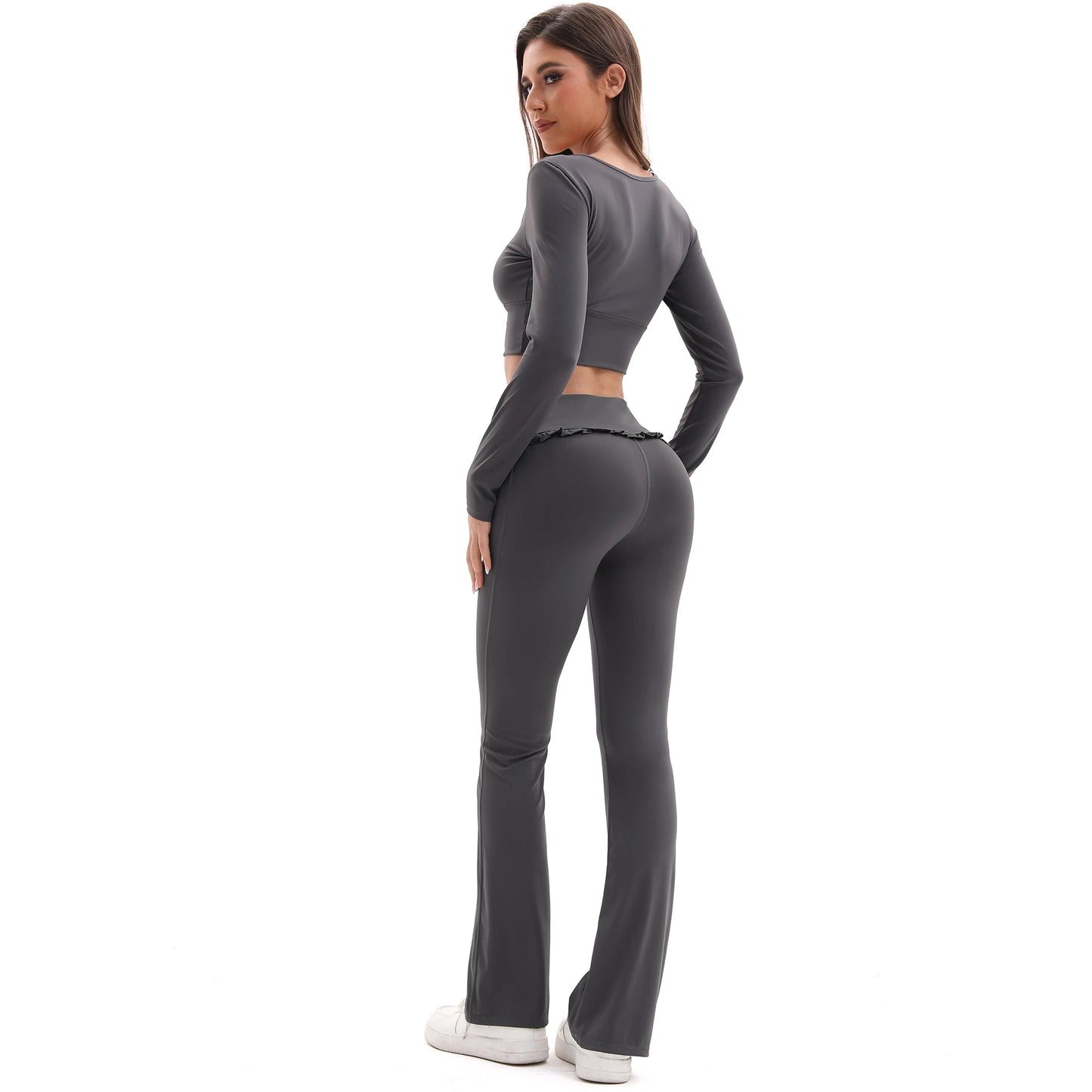 New Arrival Women's Floral Lace Set High Waist Flare Pants U-Neck Top 4-Way Stretch Yoga Outfit for Fitness Commuting All-Day