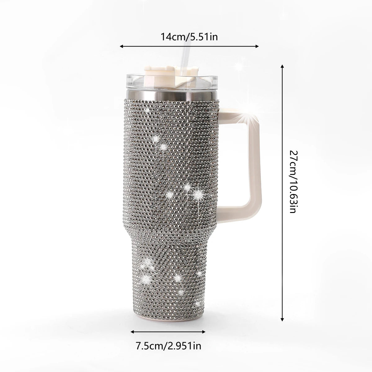 Sparkling Studded Tumbler With Lid, 40oz Stainless Steel Insulated Water Bottle With Handle, Portable Drinking Cups, For Car