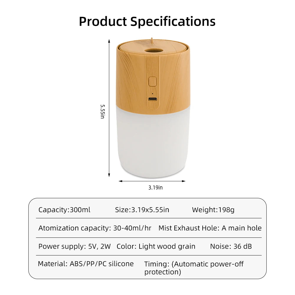 300ml Wood Grain Essential Oil Diffuser with Humidifier, Air Purifier & Soothing LED Lights Includes Oils