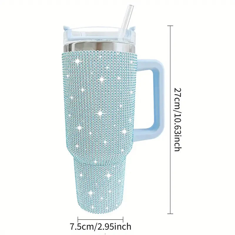 Sparkling Studded Tumbler With Lid, 40oz Stainless Steel Insulated Water Bottle With Handle, Portable Drinking Cups, For Car