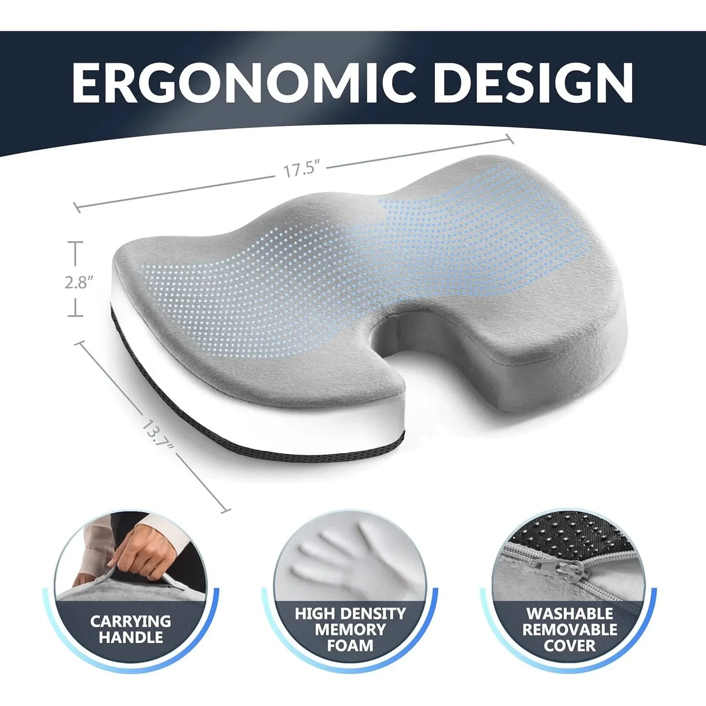Gel reinforced seat cushion -- antiskid gel and memory foam pad, to treat tailbone pain -- sciatica and back pain relief (gray)