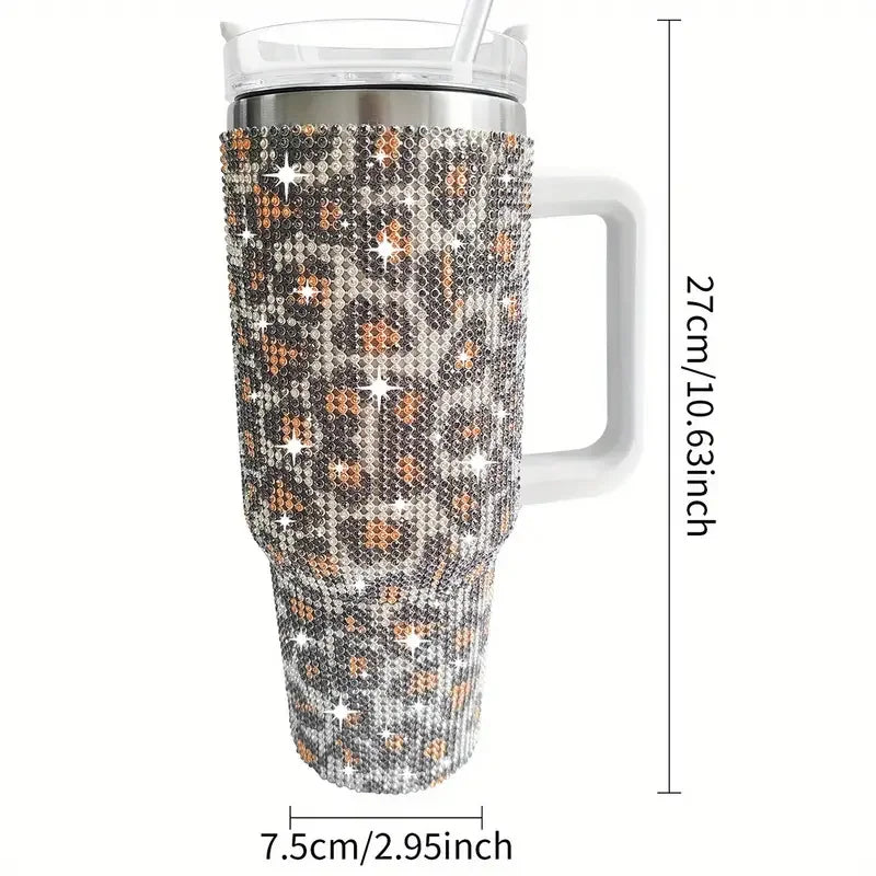 Sparkling Studded Tumbler With Lid, 40oz Stainless Steel Insulated Water Bottle With Handle, Portable Drinking Cups, For Car