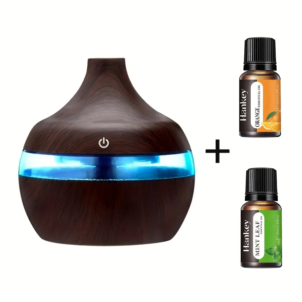 Diffuser For Home Wood Grain USB Humidifier 300ml Aroma Diffuser for Home - Quiet Desktop Hydrating Machine with 2 Essential Oil