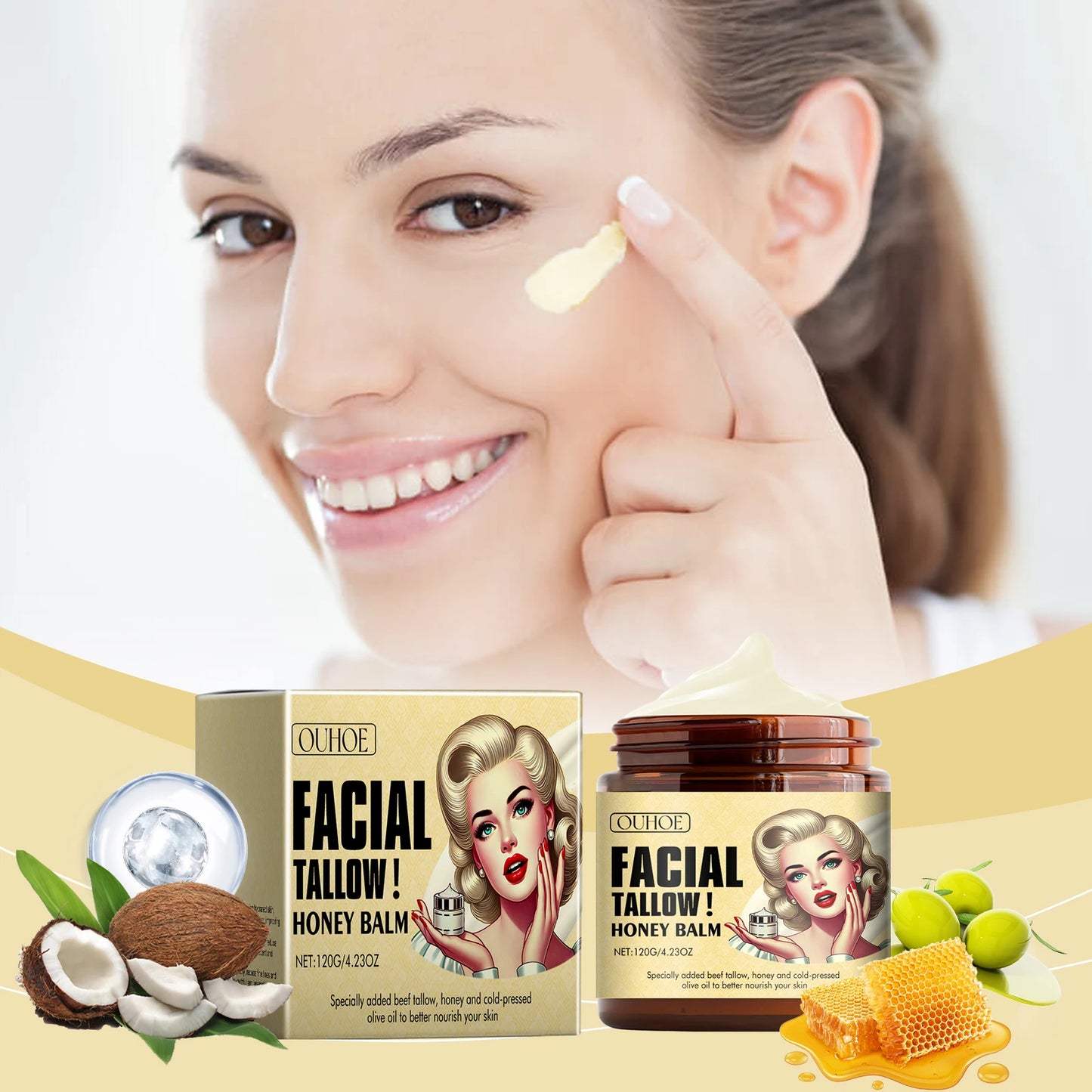 Facial Care Cream, Moisturizing Cream, Facial Tallow Honey Balm, Deep Moisturizing Cream for Maintaining Skin Elasticity