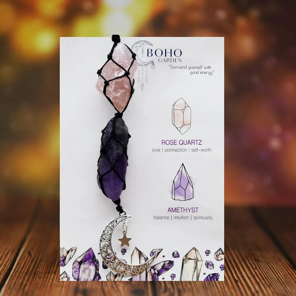 BOHO GARDEN Hanging Car Charm - Rose Quartz, Amethyst - Dangling Moon, Healing Crystal Accessories
