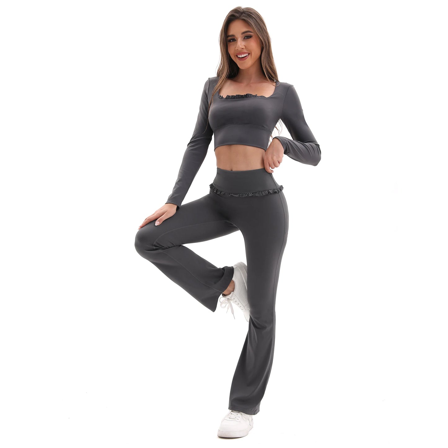 New Arrival Women's Floral Lace Set High Waist Flare Pants U-Neck Top 4-Way Stretch Yoga Outfit for Fitness Commuting All-Day