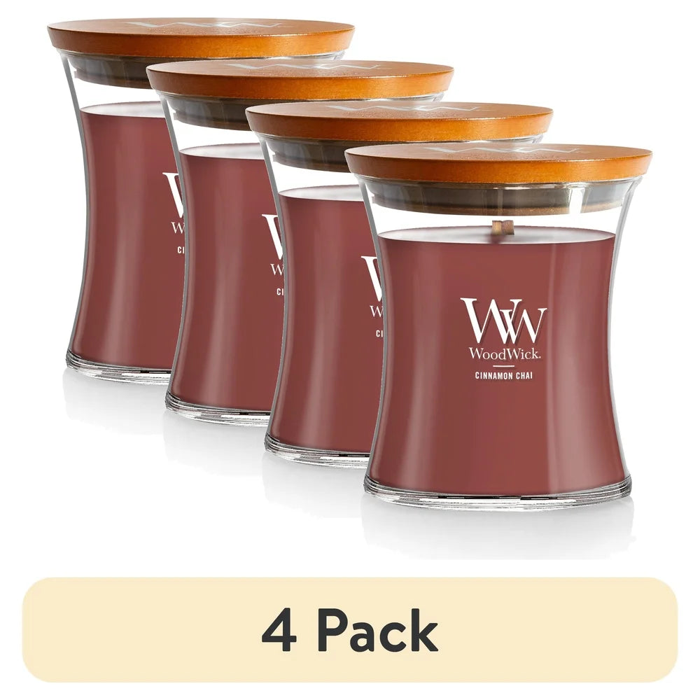 4 Pack Medium Hourglass Scented Candle Cinnamon Chai Soy Wax Wooden Wick Aromatic Relaxing Burn Time 60 Hours