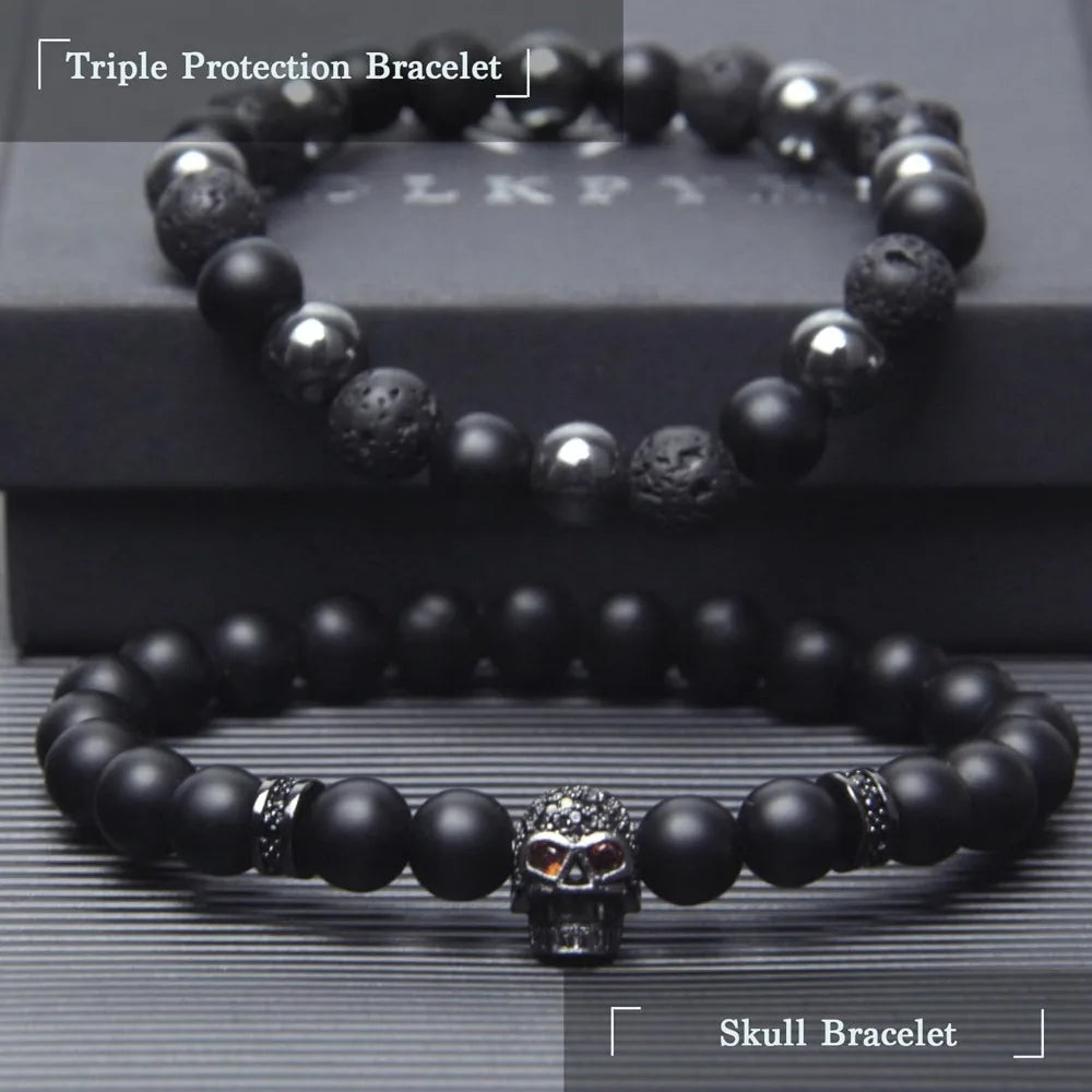 Black Obsidian Bracelet - Skull Bracelet - Tourmaline Beaded Bracelets - 8MM Black Onyx Hematite Lava Stone Beads Triple