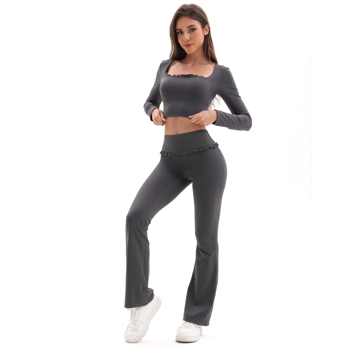 New Arrival Women's Floral Lace Set High Waist Flare Pants U-Neck Top 4-Way Stretch Yoga Outfit for Fitness Commuting All-Day