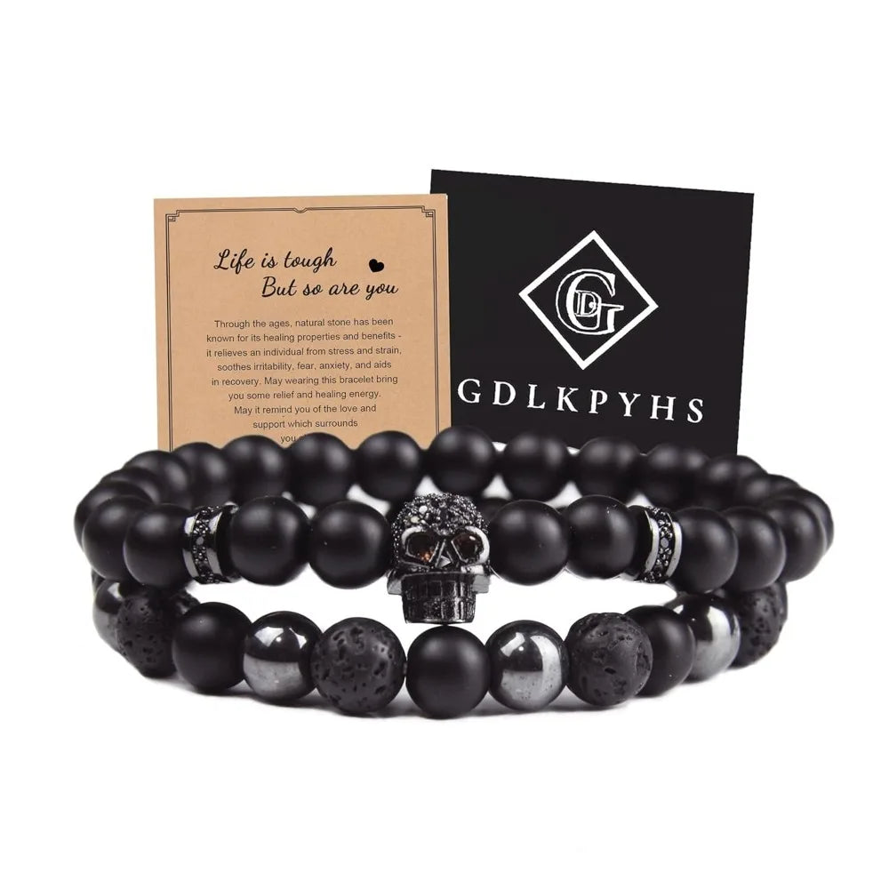 Black Obsidian Bracelet - Skull Bracelet - Tourmaline Beaded Bracelets - 8MM Black Onyx Hematite Lava Stone Beads Triple