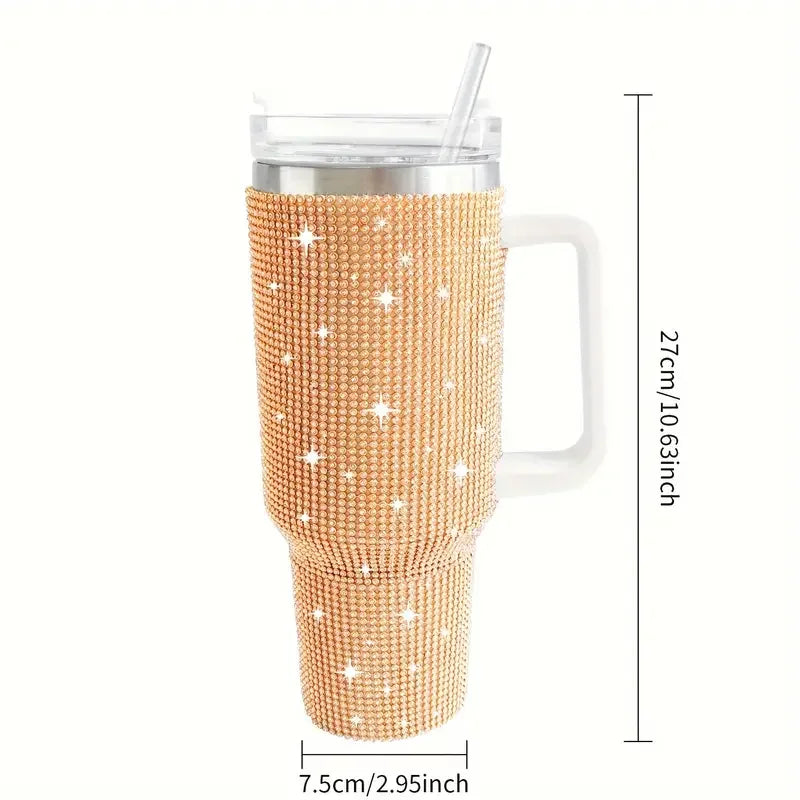 Sparkling Studded Tumbler With Lid, 40oz Stainless Steel Insulated Water Bottle With Handle, Portable Drinking Cups, For Car