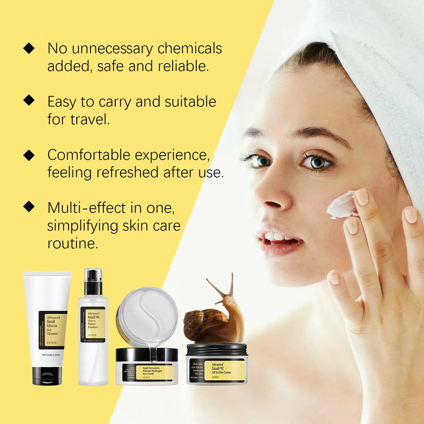 Ouhoe 1set Snail Mucin 96 Skin Care Set Moisturizing Smooth Fade Fine Lines Tighten Firming Gowing Face Repairing Face Serum Kit