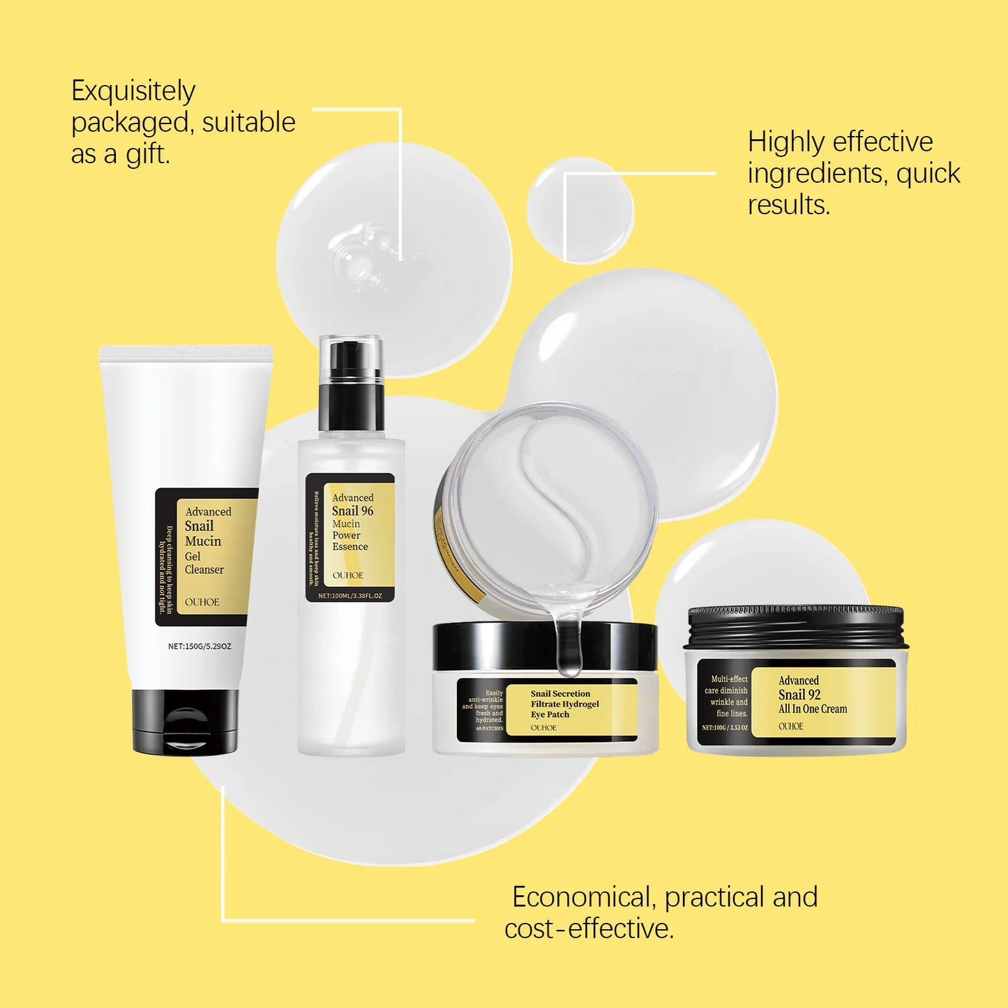 Ouhoe 1set Snail Mucin 96 Skin Care Set Moisturizing Smooth Fade Fine Lines Tighten Firming Gowing Face Repairing Face Serum Kit