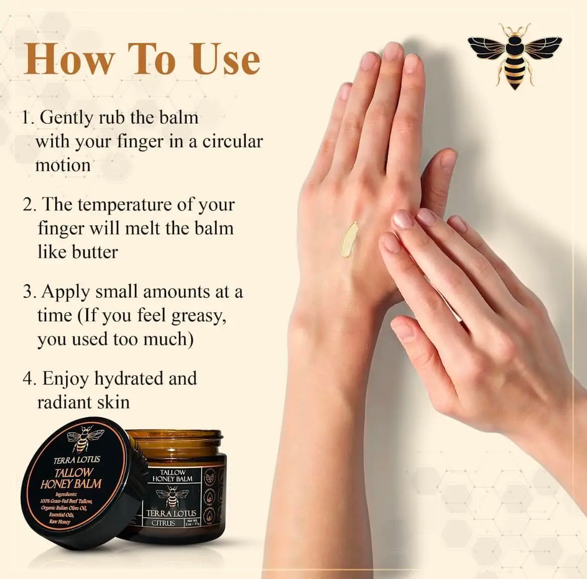 Terra Lotus - Organic Grass-Fed Beef Tallow Balm with Raw Honey - Moisturizing Cream for Soft, Smooth Skin - Handmade