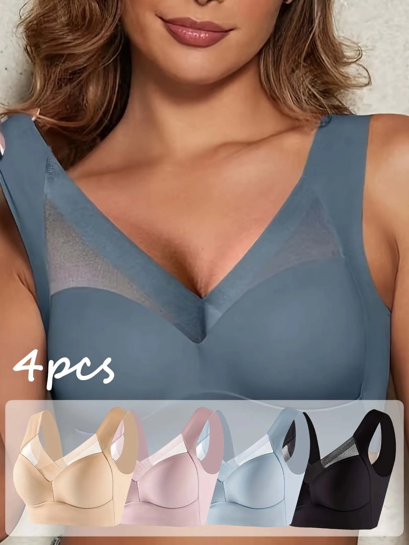 4-Pack Plus Size Wire-Free Backless Lingerie Thin, Push-Up& Shaping Seamless lce Silk Bras with Fixed Cups