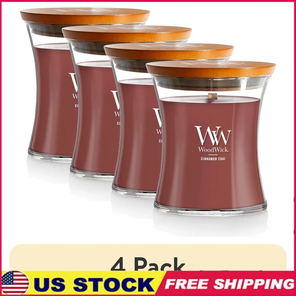 4 Pack Medium Hourglass Scented Candle Cinnamon Chai Soy Wax Wooden Wick Aromatic Relaxing Burn Time 60 Hours