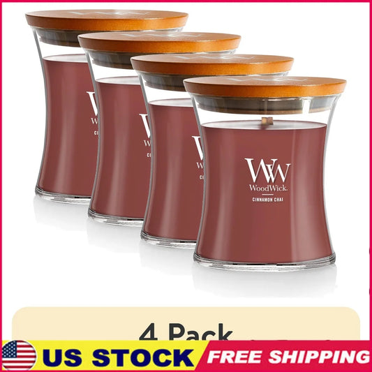 4 Pack Medium Hourglass Scented Candle Cinnamon Chai Soy Wax Wooden Wick Aromatic Relaxing Burn Time 60 Hours