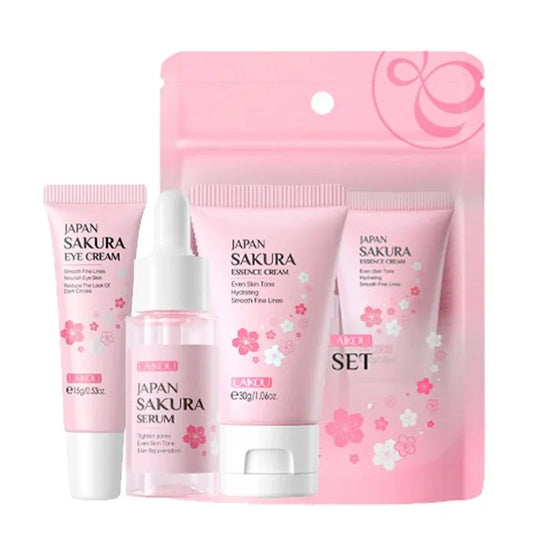 3pcs/set  Skin Care Set Vitamin C Sakura Snail Essence Serum & Eye Cream & Face Cream Moisturizer Travel Size Skincare Set