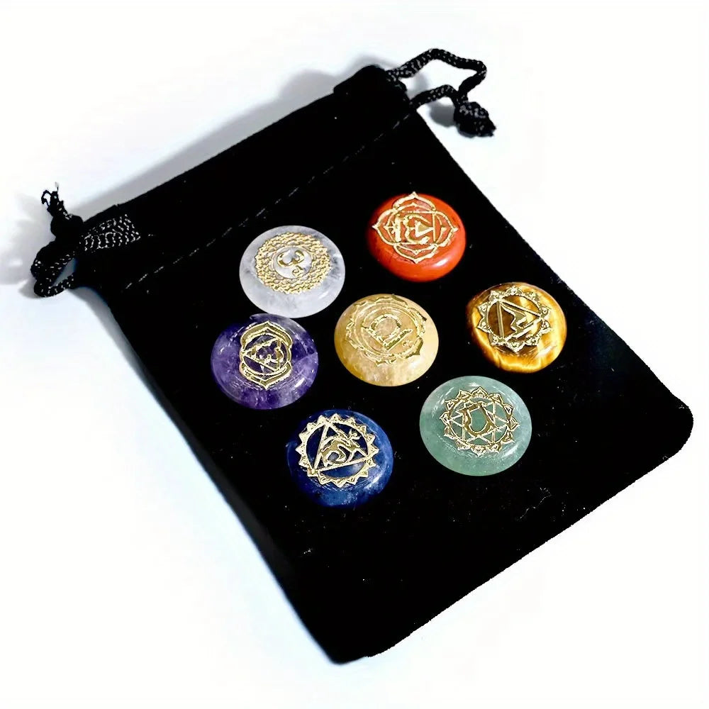 7 Pack Runic Natural Crystal Beads Colorful Engraved Symbols Yoga Stone Jewelry Making Reiki Healing Quartz Set