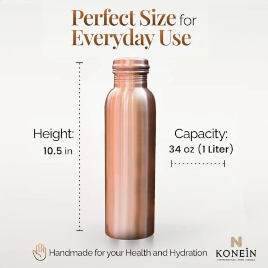 100 Copper Water Bottle Plain Classic Finish Design 34 Oz 1000ml Ayurvedic Copper Bottle for Drinking water with Nature Health