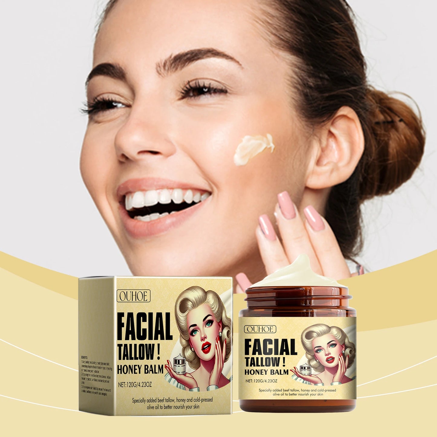 Facial Care Cream, Moisturizing Cream,  Facial Tallow Honey Balm, Deep Moisturizing Cream for Maintaining Skin Elasticity