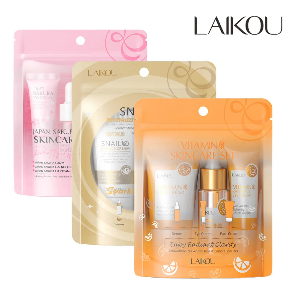 3pcs/set  Skin Care Set Vitamin C Sakura Snail Essence Serum & Eye Cream & Face Cream Moisturizer Travel Size Skincare Set