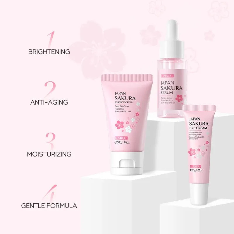 3pcs/set  Skin Care Set Vitamin C Sakura Snail Essence Serum & Eye Cream & Face Cream Moisturizer Travel Size Skincare Set