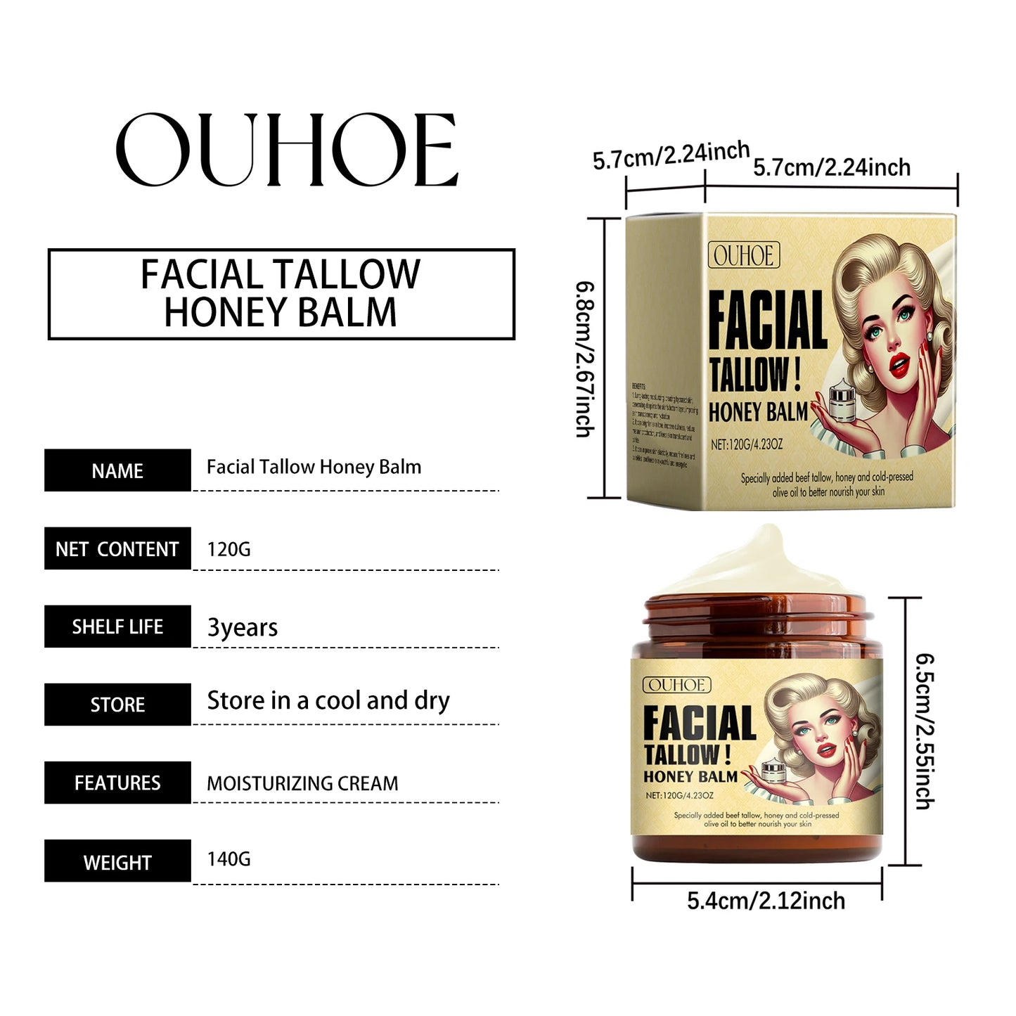 Facial Care Cream, Moisturizing Cream,  Facial Tallow Honey Balm, Deep Moisturizing Cream for Maintaining Skin Elasticity