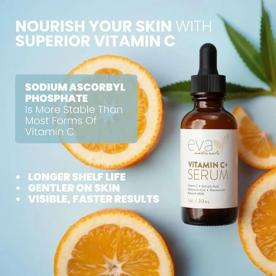 Eva Naturals Vitamin C Face Serum With Hyaluronic Acid Anti Aging Serum Reduce Dark Spots Acne Wrinkles Retil Niacinamide Salic