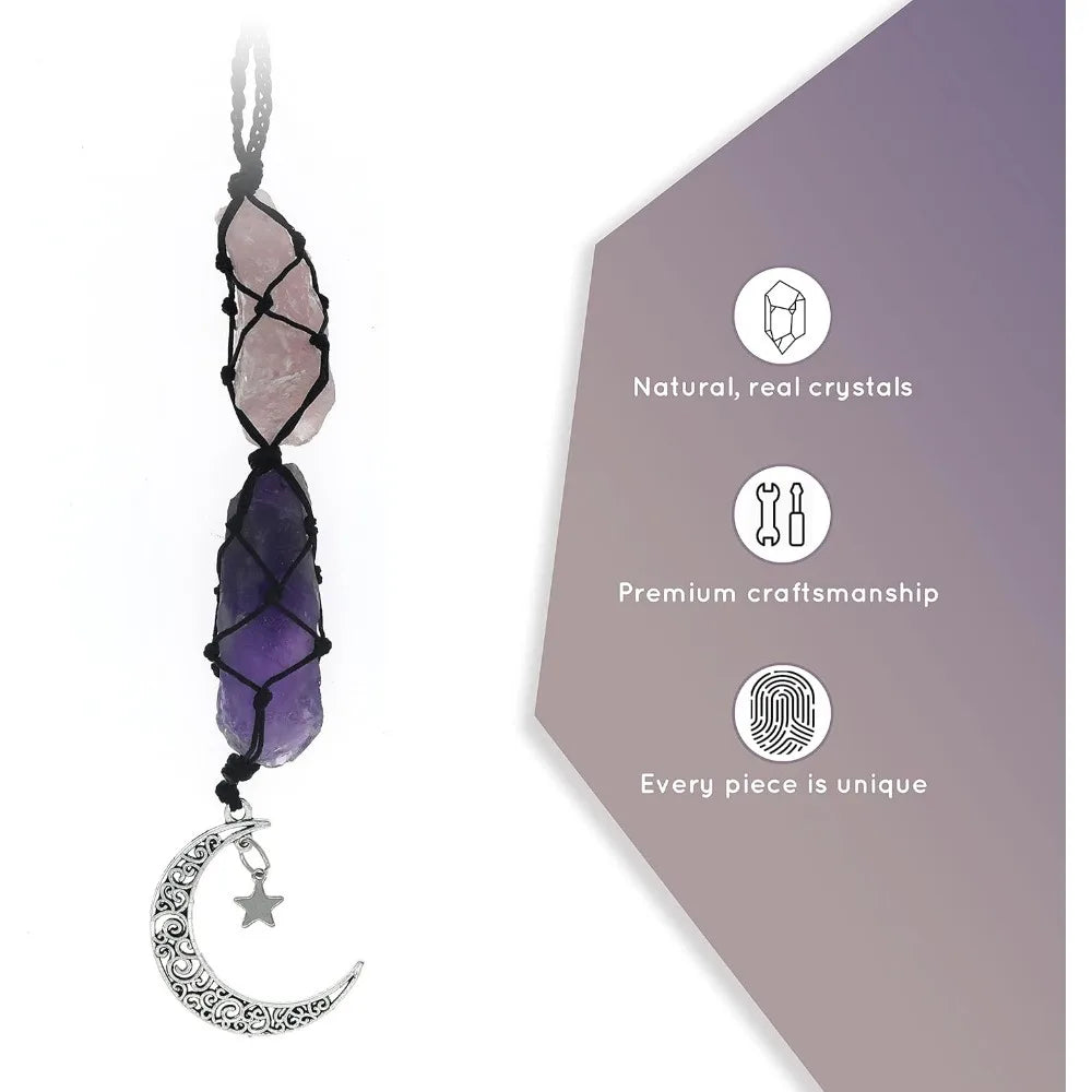 BOHO GARDEN Hanging Car Charm - Rose Quartz, Amethyst - Dangling Moon, Healing Crystal Accessories