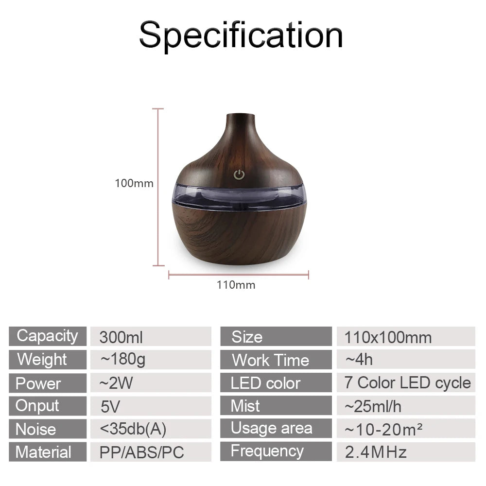 Diffuser For Home Wood Grain USB Humidifier 300ml Aroma Diffuser for Home - Quiet Desktop Hydrating Machine with 2 Essential Oil