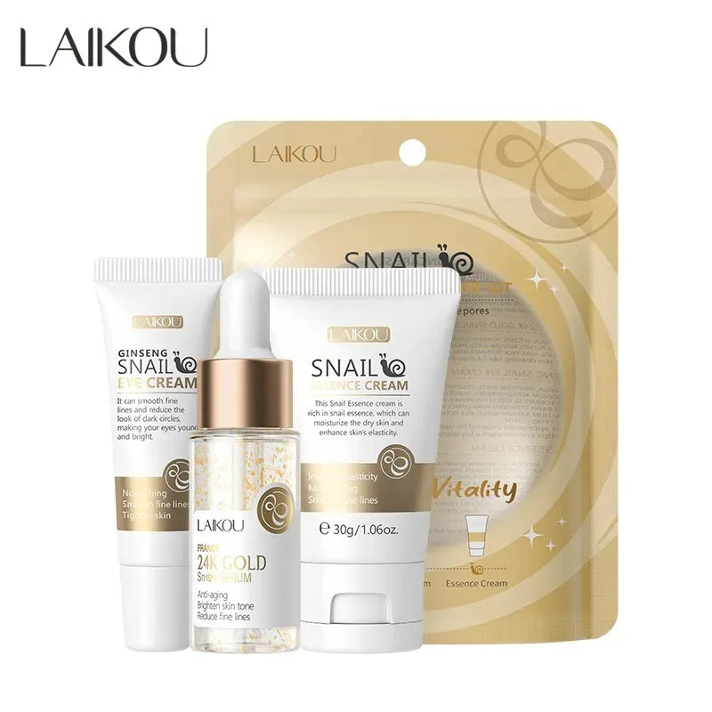 3pcs/set  Skin Care Set Vitamin C Sakura Snail Essence Serum & Eye Cream & Face Cream Moisturizer Travel Size Skincare Set