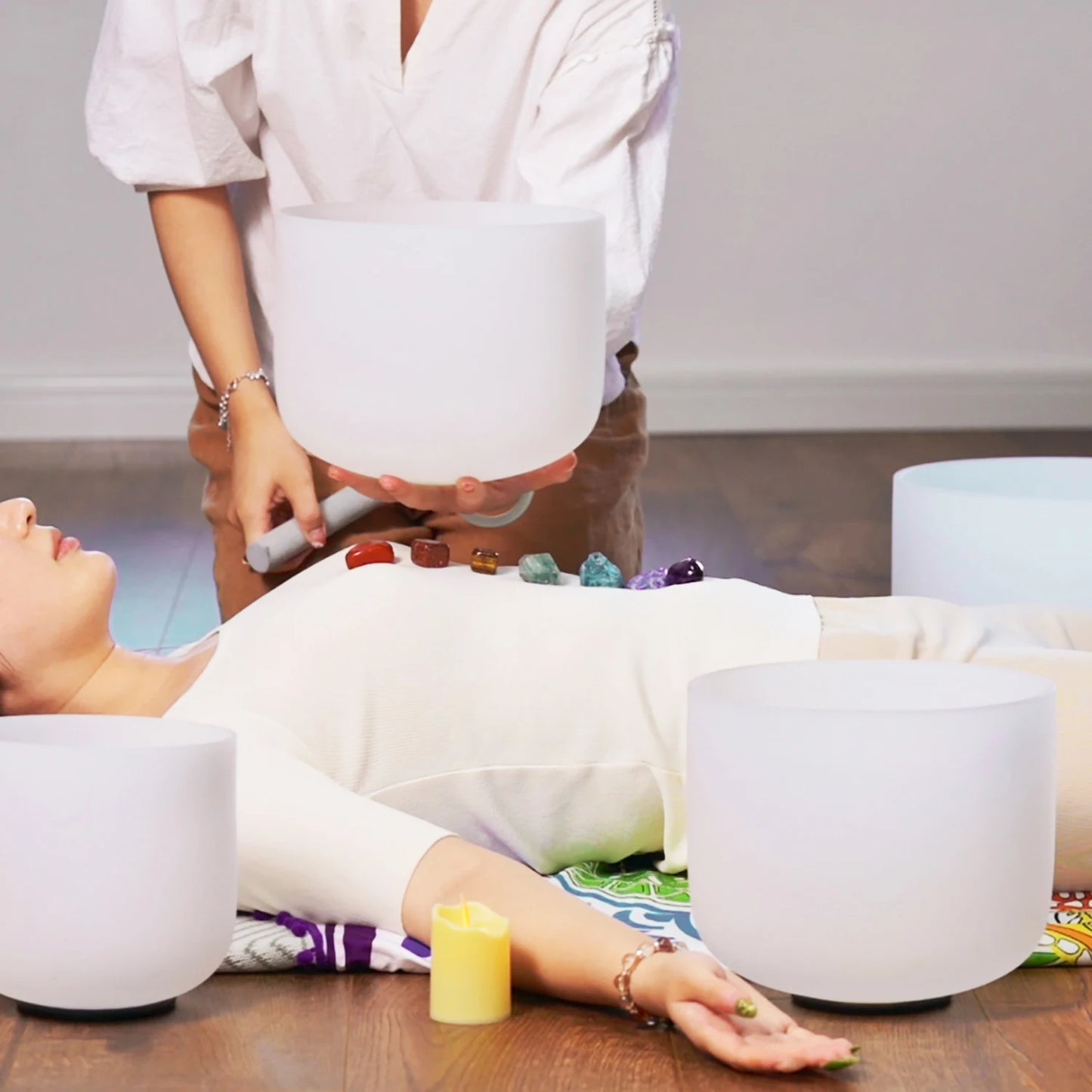 CVNC 432HZ 6-12 Inch Set Of 7 PCS Frosted Chakra Quartz Crystal Singing Bowls for Sound Healing with 2 PCS Carry Bags