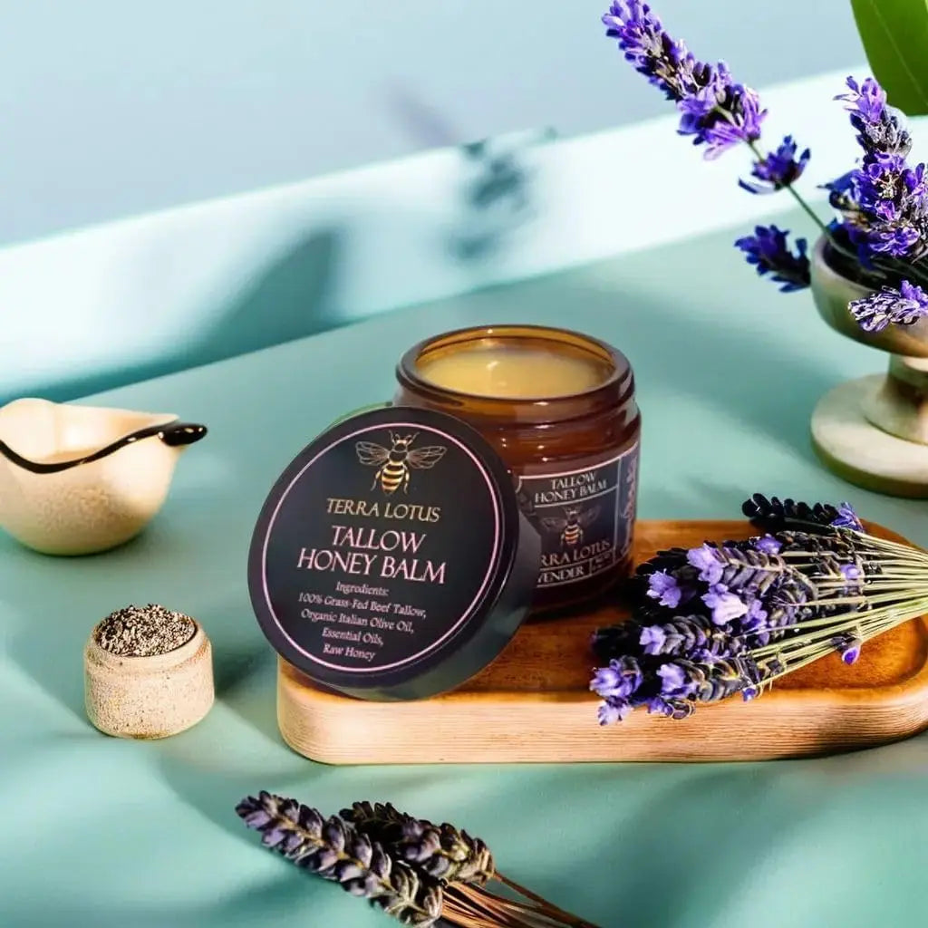 Terra Lotus - Organic Grass-Fed Beef Tallow Balm with Raw Honey - Moisturizing Cream for Soft, Smooth Skin - Handmade